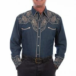 Scully Leather Company Men's Vintage Western Shirt Collection: Scully Leaf Scroll On Denim