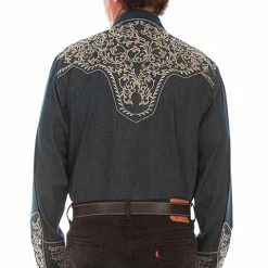 Scully Leather Company Men's Vintage Western Shirt Collection: Scully Embroidered Floral Scroll Denim
