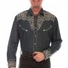 Scully Leather Company Men's Vintage Western Shirt Collection: Scully Embroidered Floral Scroll Denim