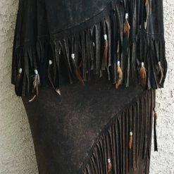 Pat Dahnke Distressed Brown Criss Cross Fringe Skirt 11 Pat Dahnke Distressed Brown Criss Cross Fringe Skirt