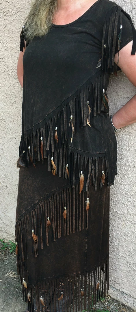 Pat Dahnke Distressed Brown Criss Cross Fringe Skirt 7 Pat Dahnke Distressed Brown Criss Cross Fringe Skirt