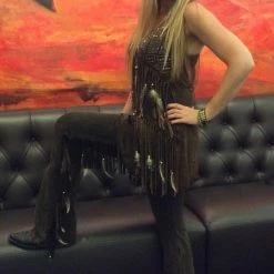 Pat Dahnke Distressed Brown Fringe Feathered Pant Ladies'