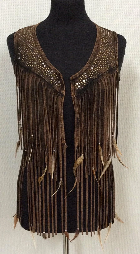 Pat Dahnke Ladies' Distressed Brown Feather Short Vest 3 Pat Dahnke Ladies' Distressed Brown Feather Short Vest