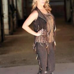 Pat Dahnke Distressed Brown Fringe Feathered Pant Ladies'