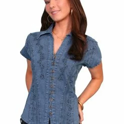 Scully Leather Company Women's Cantina Collection Top: Cap Sleeve With Floral Soutache, Dark Blue