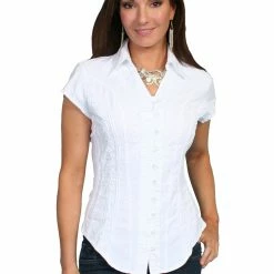 Scully Leather Company Women's Cantina Collection Top: Cap Sleeve With Floral Soutache, White Ladies'