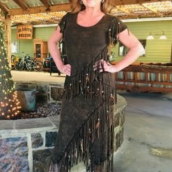 Pat Dahnke Distressed Brown Criss Cross Fringe Skirt