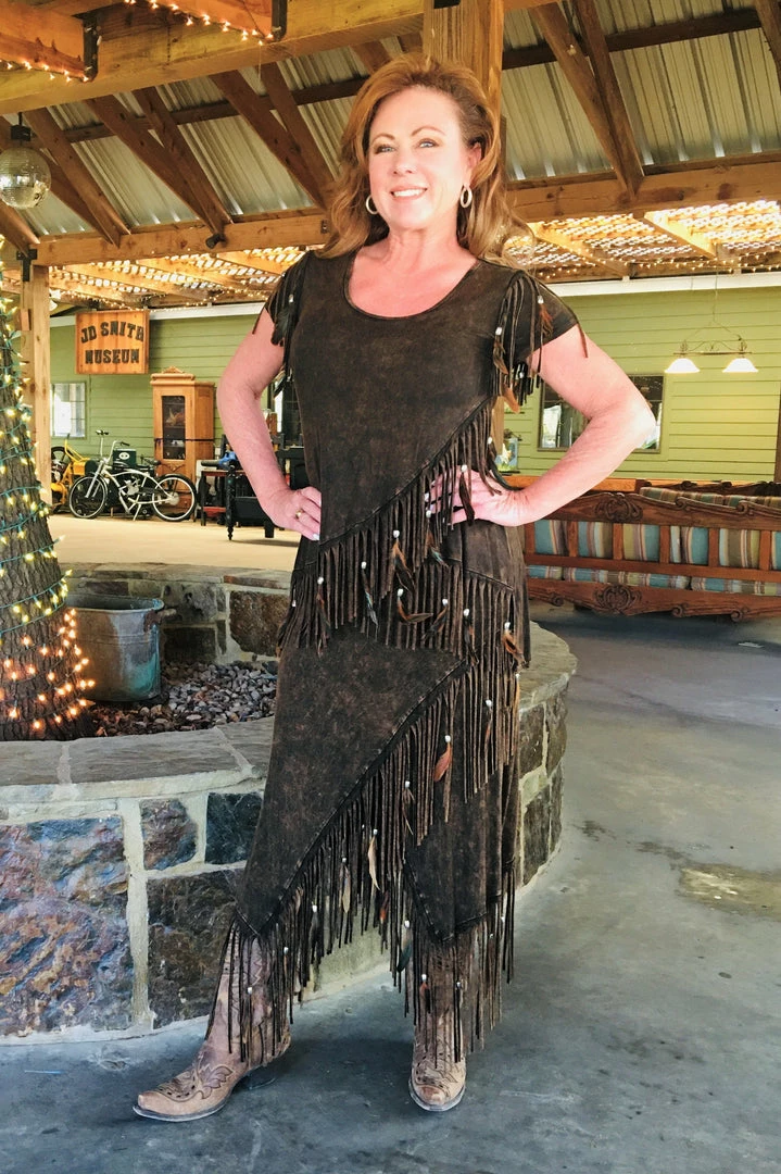 Pat Dahnke Distressed Brown Criss Cross Fringe Skirt 3 Pat Dahnke Distressed Brown Criss Cross Fringe Skirt