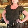 Pat Dahnke Distressed Brown Feathered Fringed Short Sleeve Top