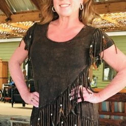 Pat Dahnke Distressed Brown Feathered Fringed Short Sleeve Top