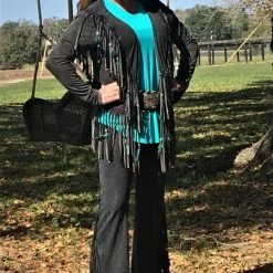 Pat Dahnke Distressed Black Fringe Feathered Pant Ladies'