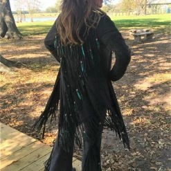Pat Dahnke Distressed Black Feathered Fringed Long Deep V Jacket Ladies'