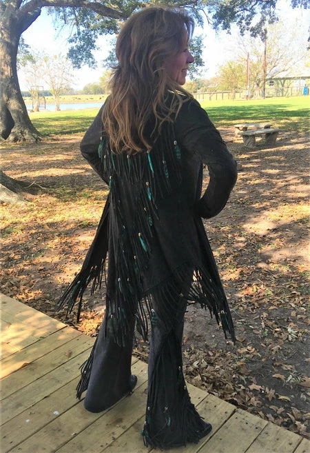 Pat Dahnke Distressed Black Feathered Fringed Long Deep V Jacket Ladies' 3 Pat Dahnke Distressed Black Feathered Fringed Long Deep V Jacket Ladies'