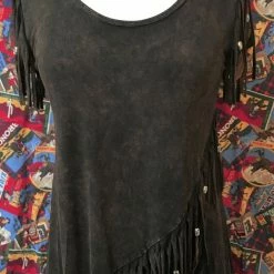Pat Dahnke Distressed Brown Feathered Fringed Short Sleeve Top