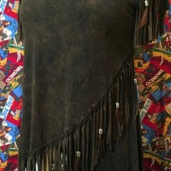 Pat Dahnke Distressed Brown Feathered Fringed Short Sleeve Top