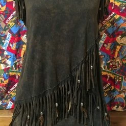 Pat Dahnke Distressed Brown Feathered Fringed Short Sleeve Top