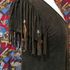 Pat Dahnke Distressed Brown Feathered Fringed Short Sleeve Top