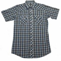 White Horse Apparel Men's Western Shirt: White Horse Short Sleeve Plaid Blue Black
