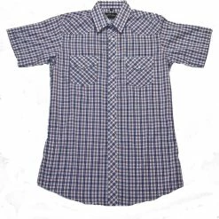 White Horse Apparel Men's Western Shirt: White Horse Short Sleeve Plaid Blue Red