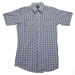 White Horse Apparel Men's Western Shirt: White Horse Short Sleeve Plaid Blue Tan