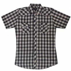 White Horse Apparel Men's Western Shirt: White Horse Short Sleeve Plaid Black Tan