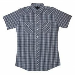 White Horse Apparel Men's Western Shirt: White Horse Short Sleeve Plaid Blue White