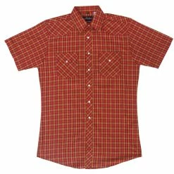 White Horse Apparel Men's Western Shirt: White Horse Short Sleeve Plaid Red Gold White