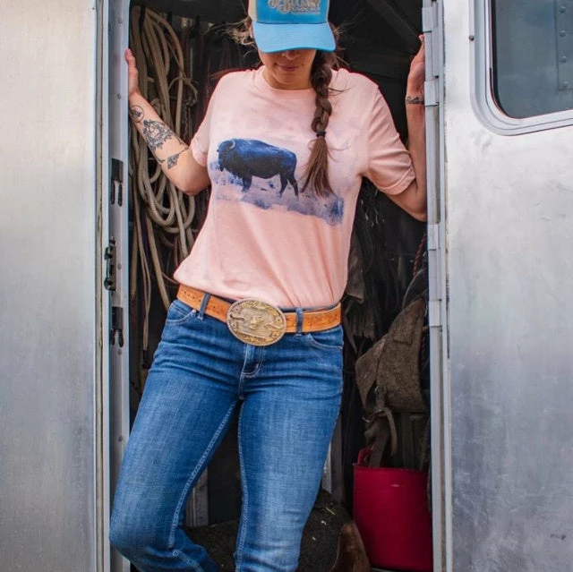 Ladies' Original Cowgirl Clothing T-Shirts: ROAM Buffalo Peach 3 Ladies' Original Cowgirl Clothing T-Shirts: ROAM Buffalo Peach