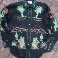 Rockmount Ranch Wear Ladies' Women's Vintage Western Shirt Collection: Rockmount Fancy Palm Trees Wagon Wheels Black