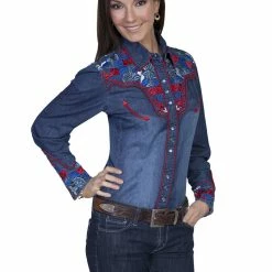 Scully Leather Company Women's Vintage Western Shirt Collection: Scully Gunfighter Denim & Multi Color Ladies'