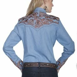 Scully Leather Company Women's Vintage Western Shirt Collection: Scully Gunfighter Denim Blue & Rust Ladies'