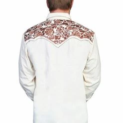 Scully Leather Company Men's Vintage Western Shirt Collection: Scully Gunfighter Cream & Saddle Brown Embroidered & Fancy Western Shirts