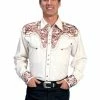 Scully Leather Company Men's Vintage Western Shirt Collection: Scully Gunfighter Cream & Saddle Brown Embroidered & Fancy Western Shirts