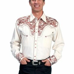 Scully Leather Company Men's Vintage Western Shirt Collection: Scully Gunfighter Cream & Saddle Brown Embroidered & Fancy Western Shirts