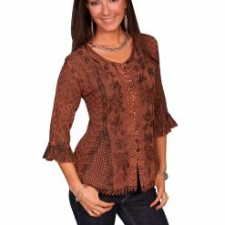 Scully Leather Company Women's Honey Creek Collection Blouse: Embroidered 3/4 Sleeves