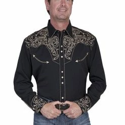 Scully Leather Company Men's Vintage Western Shirt Collection: Scully Embroidered Scroll Black & Tan