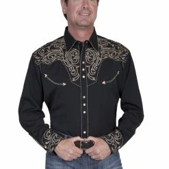 Scully Leather Company Men's Vintage Western Shirt Collection: Scully Embroidered Scroll Black & Tan