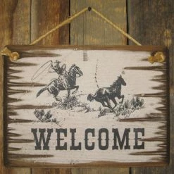 OutWest Shop Decor Wall Sign Business: Welcome With Cowboy Roping