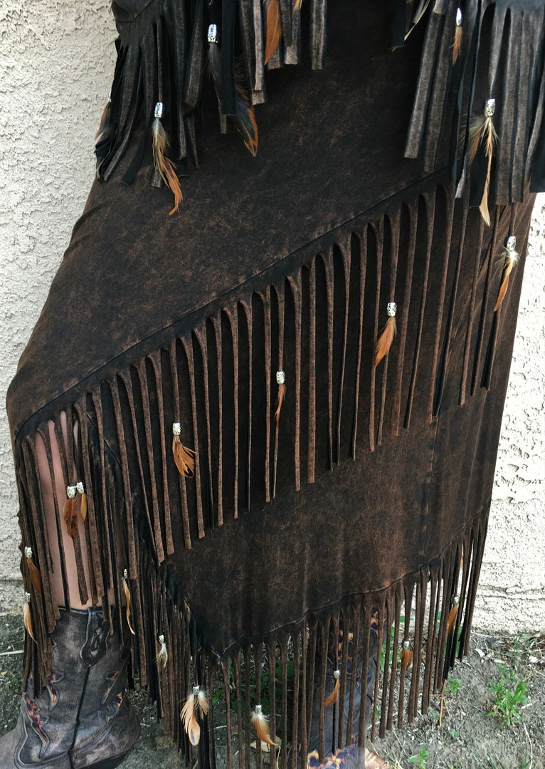 Pat Dahnke Distressed Brown Criss Cross Fringe Skirt 5 Pat Dahnke Distressed Brown Criss Cross Fringe Skirt