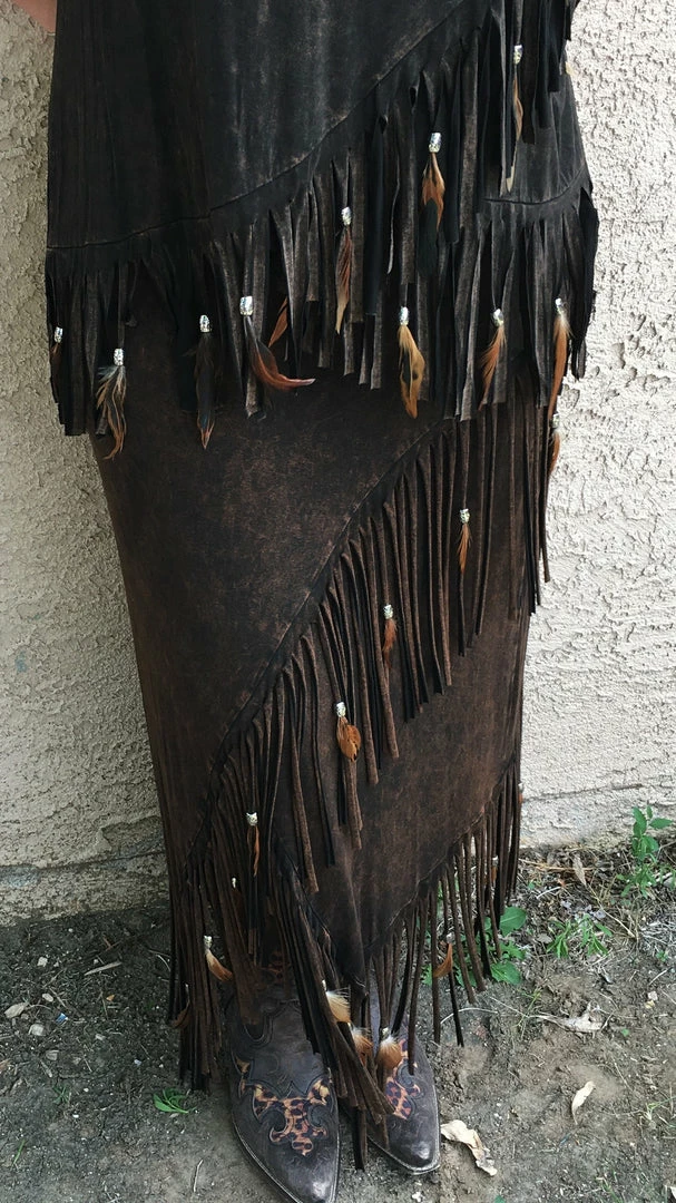 Pat Dahnke Distressed Brown Criss Cross Fringe Skirt 4 Pat Dahnke Distressed Brown Criss Cross Fringe Skirt